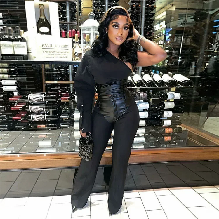 

Женский комплект из двух предметов, кардиган с косым воротником и длинным рукавом, однотонный Тонкий облегающий Байкерский костюм, 2023