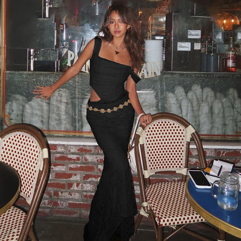 Elegant Lace Up Crop Top and Maxi Skirt Set Formal Dress