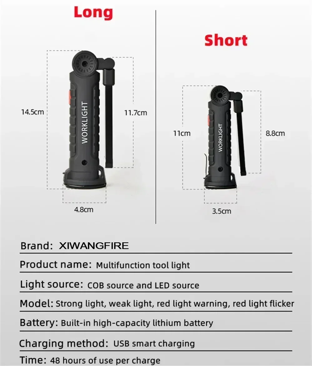 COB LED Work Light Dimmable USB Rechargeable LED Flashlight Inspection Lamp With Magnetic Hook Power Bank 18650 Battery Torch 6