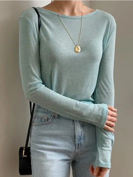 المرأة رقيقة شفافة طويلة الأكمام تي شيرت ، أنثى عارضة الأعلى ، مثير ، انظر من خلال ، فضفاضة ، الصلبة ، النمط الكوري ، الربيع ، الصيف 3