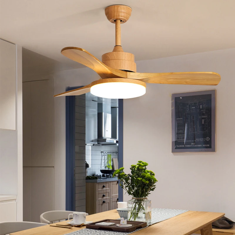 42 Inch Natural Wood Color Ceiling Fan Light 3 Abs Blade Pure Copper DC Motor Ceiling Fan Light Dining Room Bedroom, with