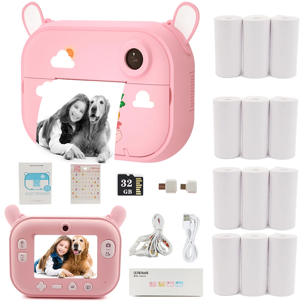 Kids Camera Instant Print Photo 1080P Video Digital Camera Toy with 12 Rolls Printing Paper Christmas Birthday Gift for Children
