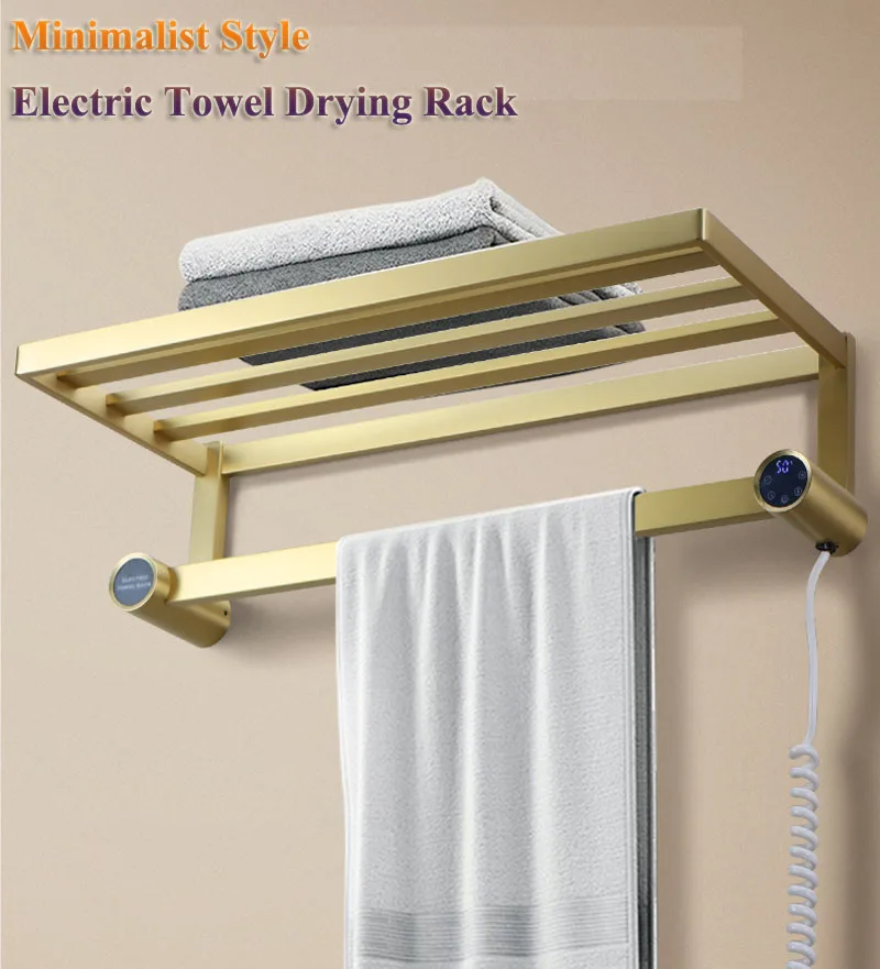 ราวแขวนผ้าเช็ดตัวไฟฟ้าติดผนังสไตล์มินิมอล ควบคุมอุณหภูมิได้ ผลิตจากสแตนเลส 304 สีทอง/เงินขัดเงา 1