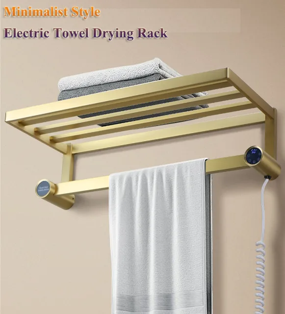 ราวแขวนผ้าเช็ดตัวไฟฟ้าติดผนังสไตล์มินิมอล ควบคุมอุณหภูมิได้ ผลิตจากสแตนเลส 304 สีทอง/เงินขัดเงา 1