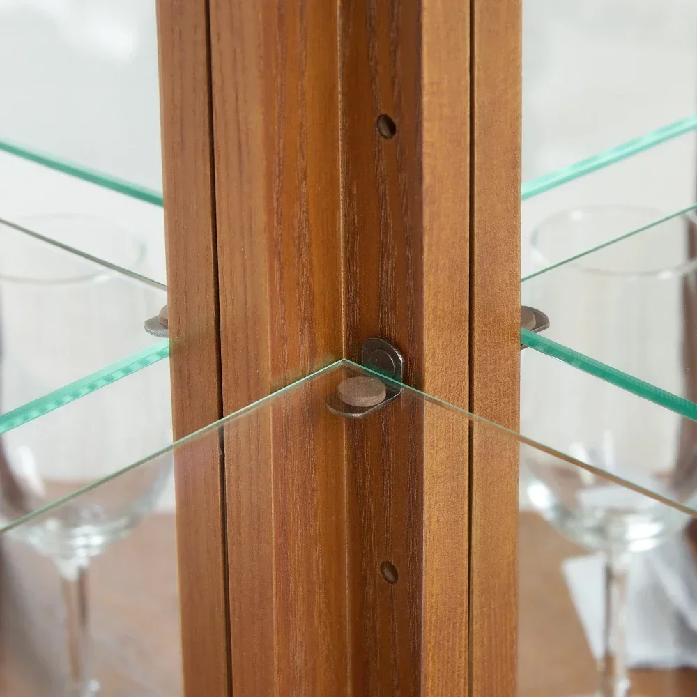 Corner Curio Cabinet Lighted Corner Display, Glass Display Shelf Shelving Bar cabinet with Tempered Glass Door, Bar Cabinet