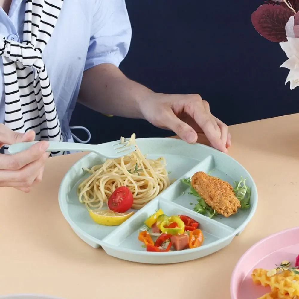 Kitchen Dinnerware Wheat Straw Round Divided Plate 3 Grids Anti-fall Food Tray Reusable Compartment Plate Breakfast