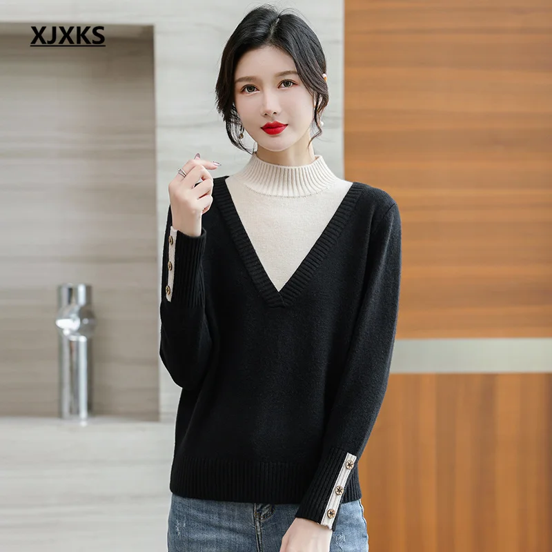 

XJXKS High Quality Wool Knit Pullover Women's Turtleneck Sweaters Jumper 2024 Winter New Comfortable Fake Two Knitwears