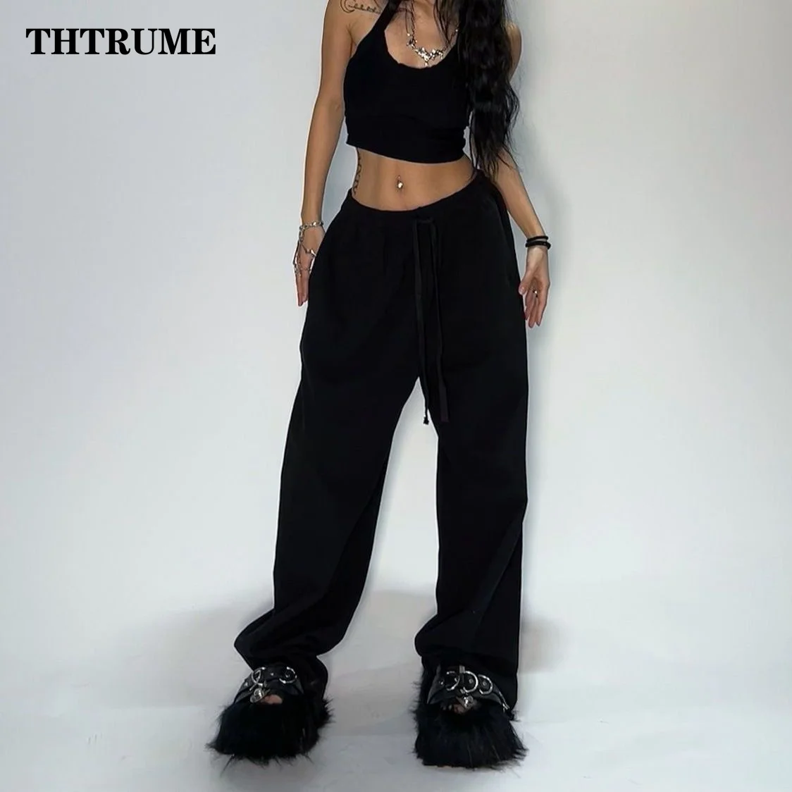 Casual Women Solid New Pant Fashion Summer Oversized Vintage Pocket Drawstring Wide Leg Pants Elegant Loose Baggy Chic Trousers 3