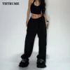 Casual Women Solid New Pant Fashion Summer Oversized Vintage Pocket Drawstring Wide Leg Pants Elegant Loose Baggy Chic Trousers 3