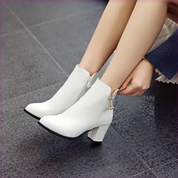 여성용 지퍼 브랜드 신발, 하이힐 부츠, 라운드 토, 패션 스틸레토 고무, 2023 화이트 앵클 락, 기본 PU S