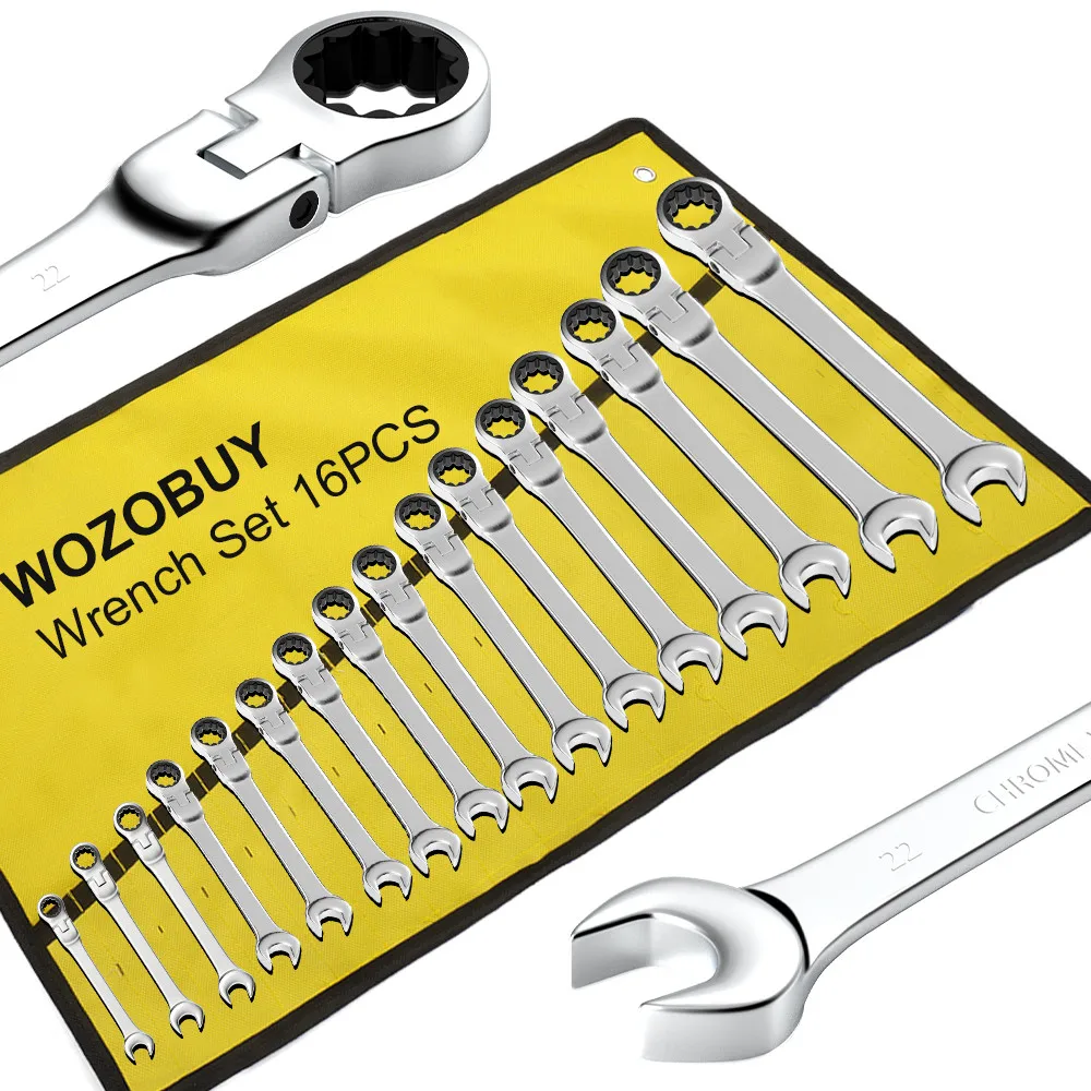 WOZOBUY Flex Head Ratcheting Wrench Set- 6-23mm Metric Ratchet Combination Wrenches CrV Gear Spanner Set