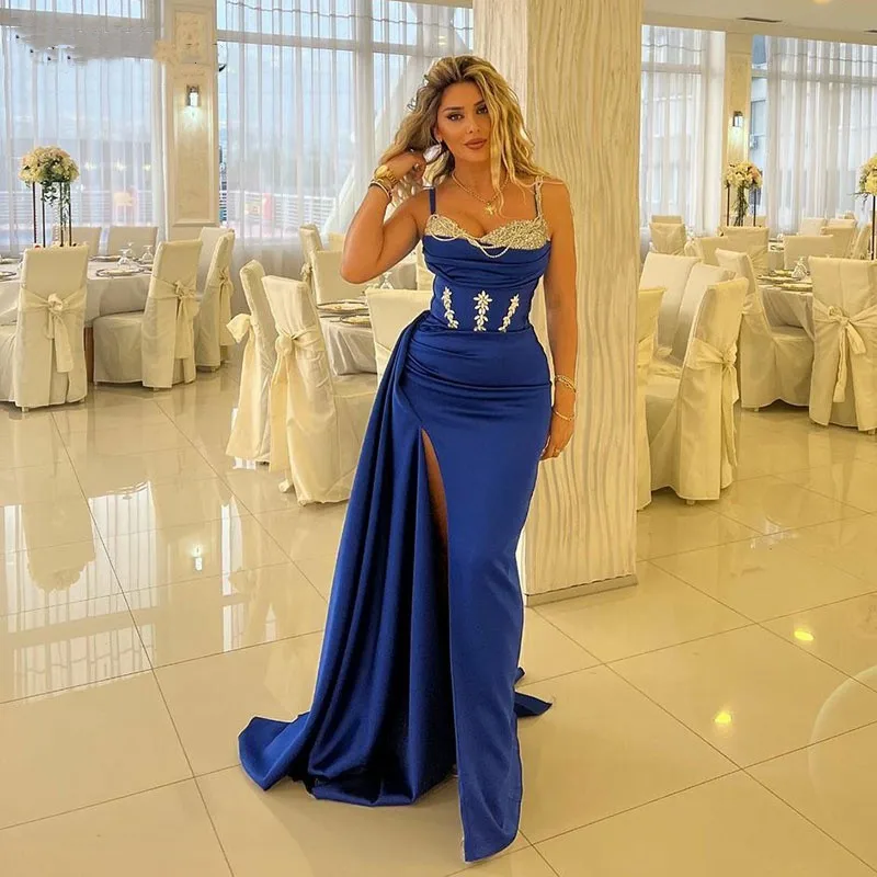 

2023 Gorgeous Royal Blue Spaghetti Strap Sweetheart Dress Ladies Luxurious Slit Fishtail Decal Sequin Cocktail Party Ball Gown