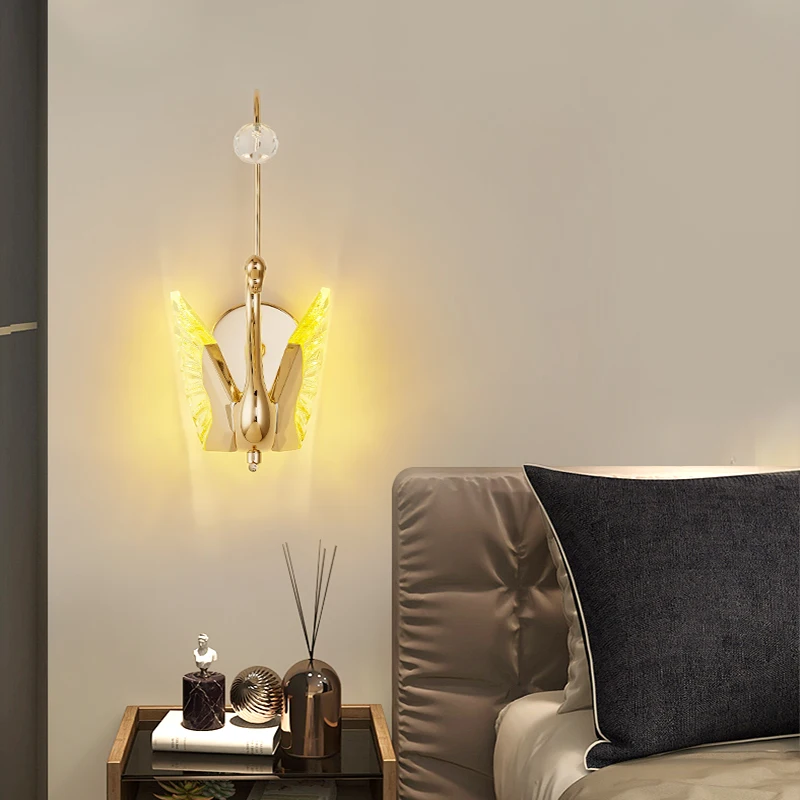 

JMZM Swan Gold Crystal Wall Lamp Bedside Bedroom Living Room Home Decor LED Wall Lamp Indoor Lighting