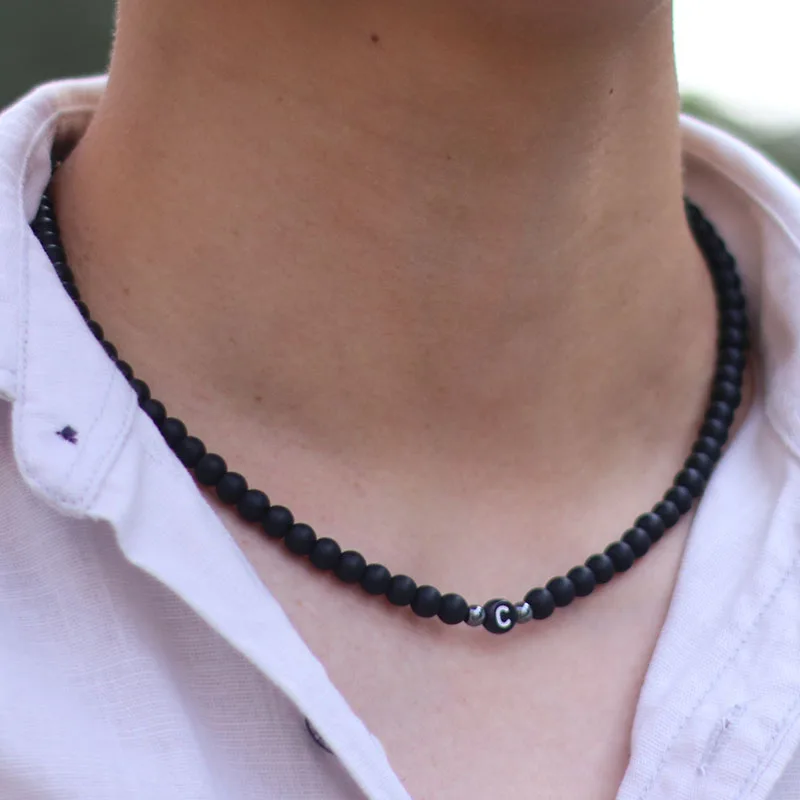 Men Onyx Stone Initial Necklace 6mm Hiphop Rock Choker