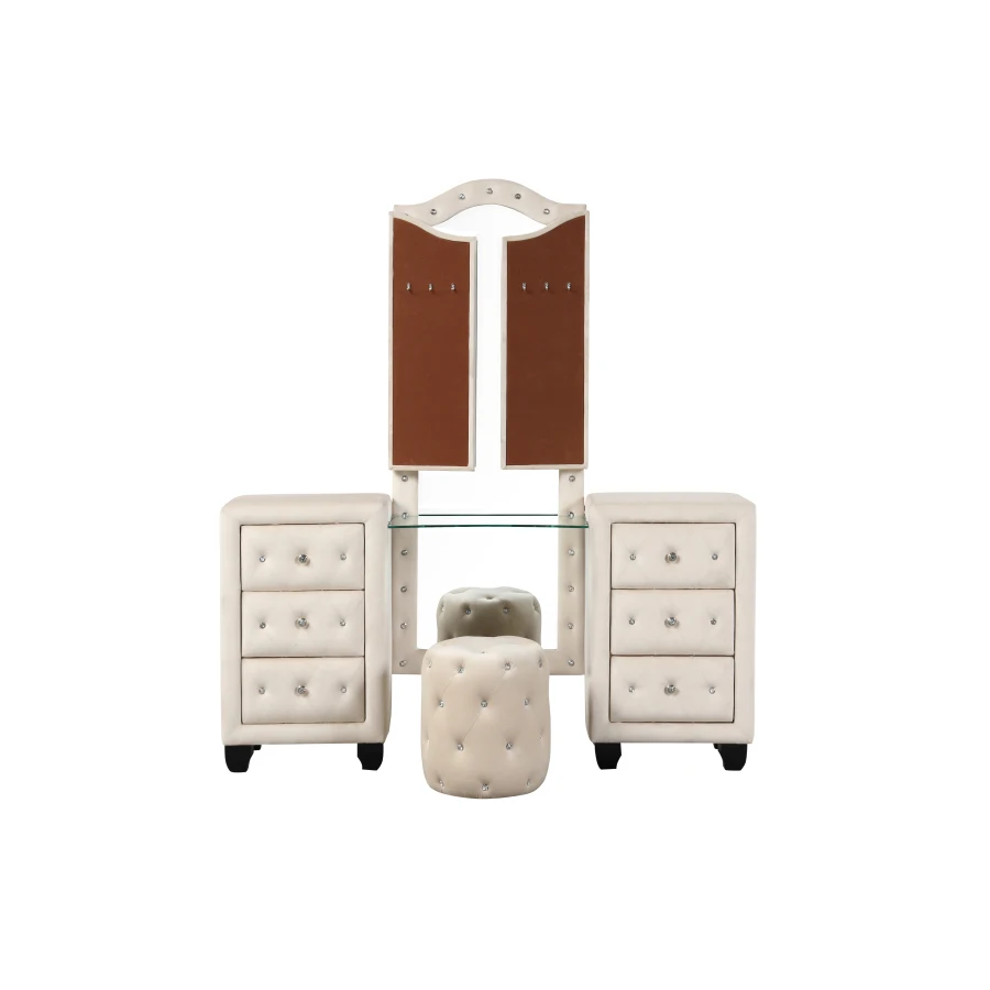 Description Picture 5 of itemModern vanity design with a practical mirror,Crystal Tufted Vanity set Made with Wood in Cream,Crafted from wood for long-lastin