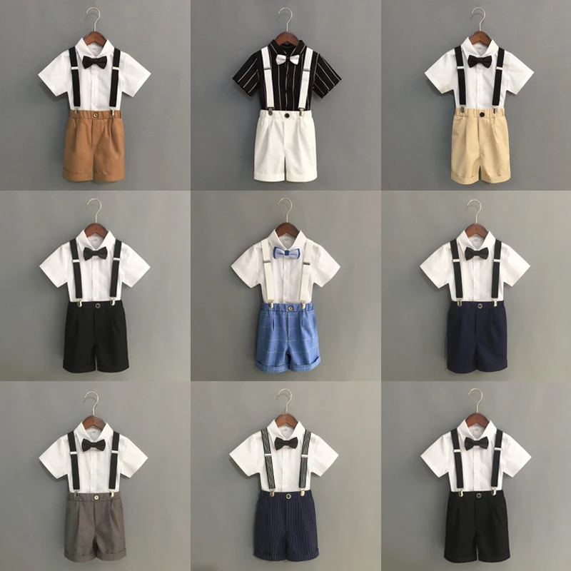 Summer Boys Strap Dress Suit Set New Children's Kindergarten Performance Piano Host Costume Kids Shirts Shorts Bowtie Clothing kids clothes