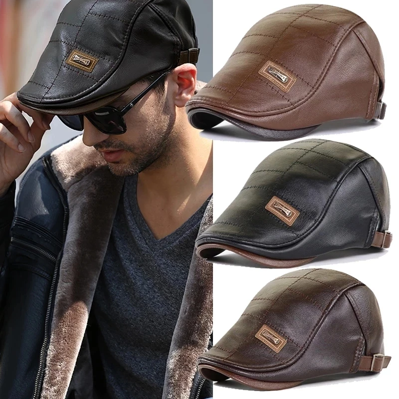 Retro PU Leather Beret Hats Caps for Men Autumn Winter Faux Leather Beret Hat Middle-aged Visor Warm Flat Peaked Cap Adjustable images - 6