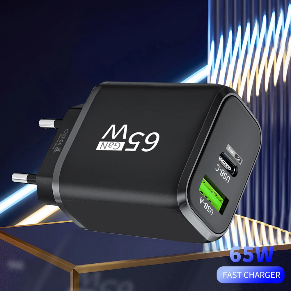 65W GaN PD USB Fast Charging QC3.0 2 Ports Type C EU/US Plug Adapter For iPhone Xiaomi Samsung Huawei cellphone adapter,power adapter,power charger
