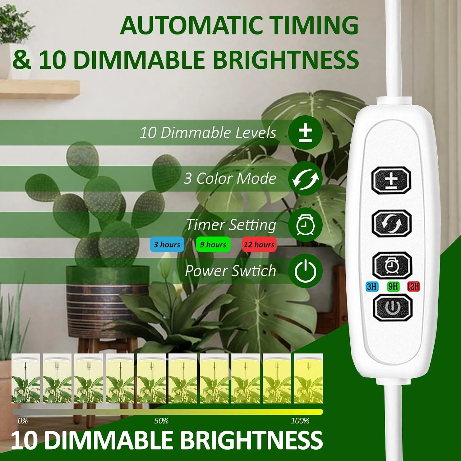 LED Grow Lamp Full Spectrum Fill Light For Indoor Plants Adjustable Height 3/9/12H Timer 10-Level Dimming For Garden