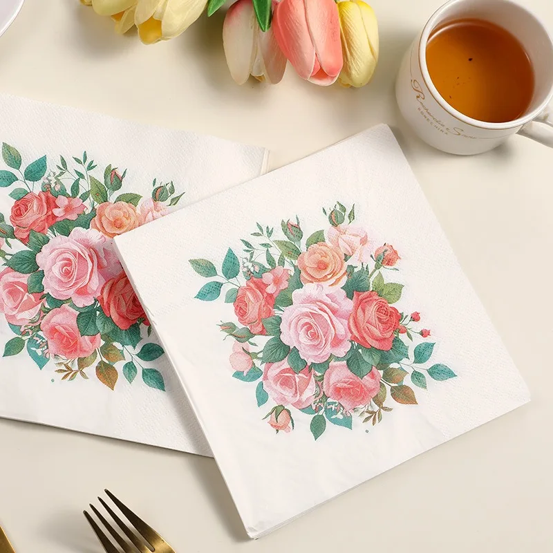 20pcs/pack Flower Paper Napkins Cocktail Wedding Birthday Party Decoration 2-Ply Square Dinner Napkin
