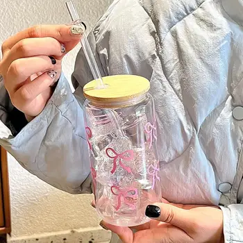 Tasse de paille en plastique avec nœud papillon, jolie tasse rose, bouteille d'eau en forme de pot Mason avec couvercles pour café glacé, jus, tasse à boire, cadeau 1