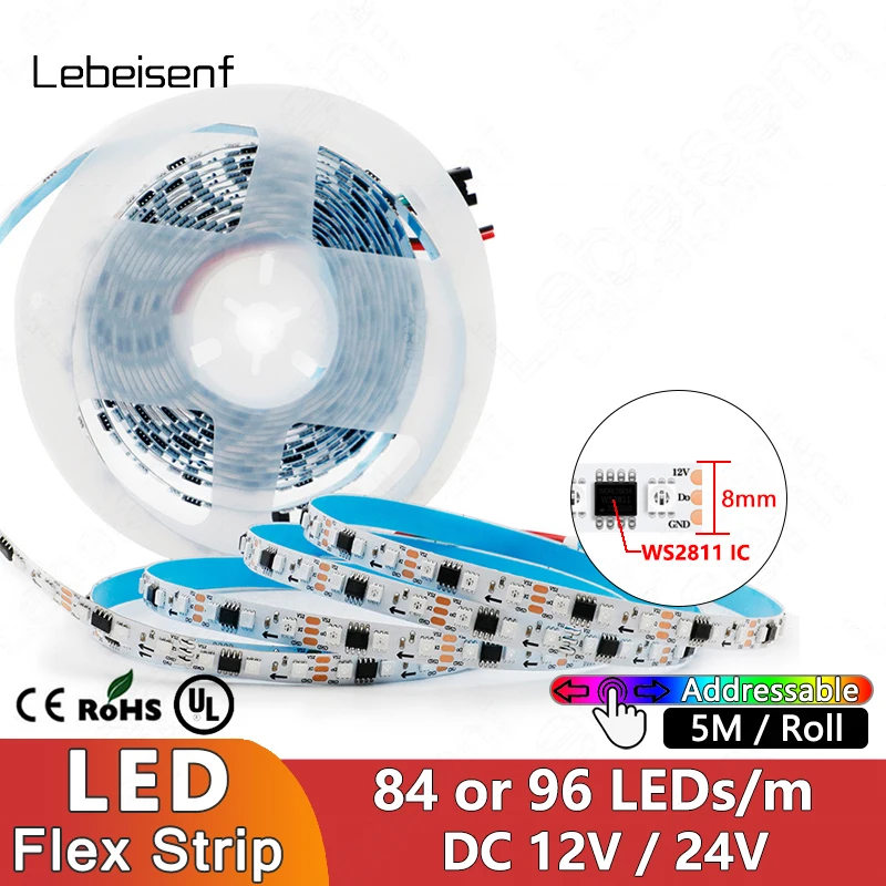 8 Millimetri Narrow Led Indirizzabili Magic Di Colore Rgb 5050 3535 Striscia 84 96 Leds/M Ws2811 Built-In Ic Dc 12V 24V Bianco Pcb Flex Nastro Di Luce