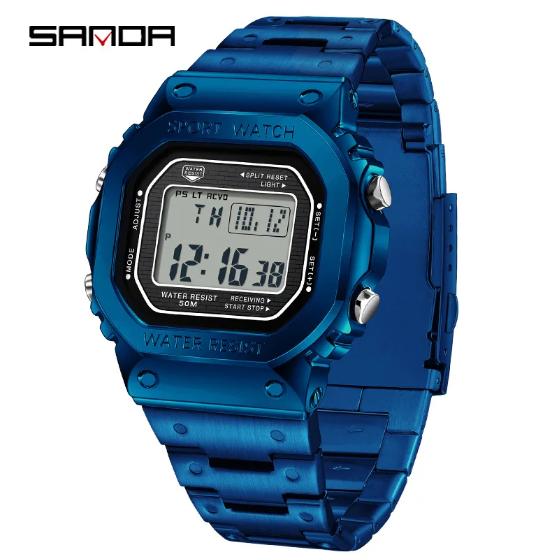 SANDA-reloj electrónico cuadrado para hombre, cronógrafo de pulsera multifuncional, resistente al agua, cronógrafo digital de acero con luz nocturna, a la moda, 2162