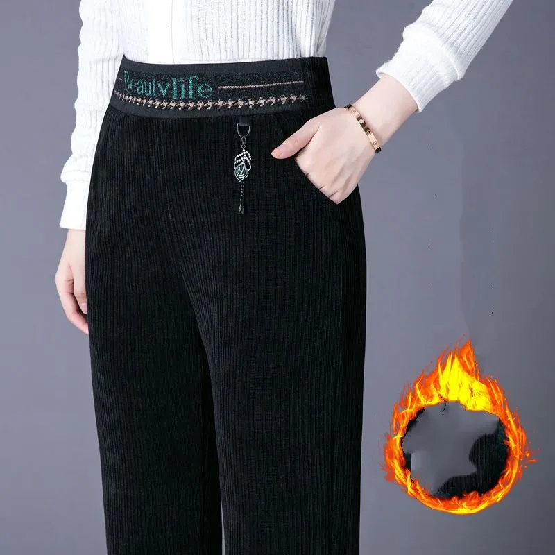 Women's Solid Color Elastic Waist Letter Pocket Striped Wide Leg Autumn and Winter Fashion Loose Thickened Office Lady Pants