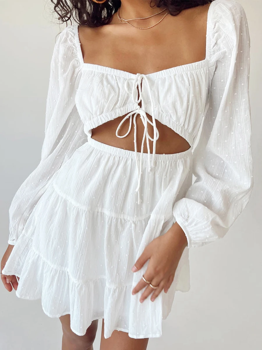 

Bohemian Style Eyelet Mini Dress with Ruffled Short Sleeves Floral Lace Square Neckline Backless Design and Bodycon Fit for