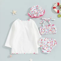 Girls Swimsuit 4 Piece Set, Halter Neck 3D Bow Tops + Elastic Waist Shorts + Long Sleeve Coat + Swim Cap Beach Wear Outfits 2-6T 3