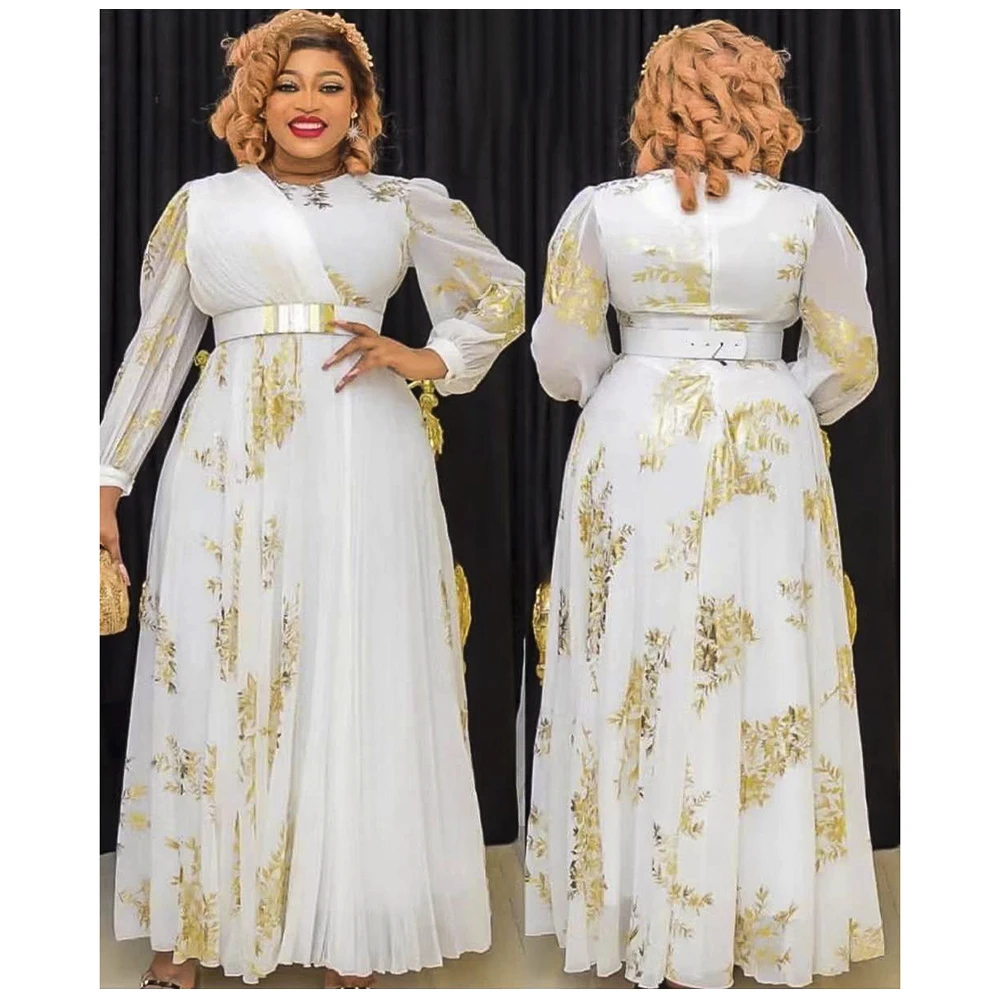 

2023 New African Women Clothing Long Sleeved Printed Dress With Belt Elegant Kaftan Muslim Dress Islamic Party Clothing