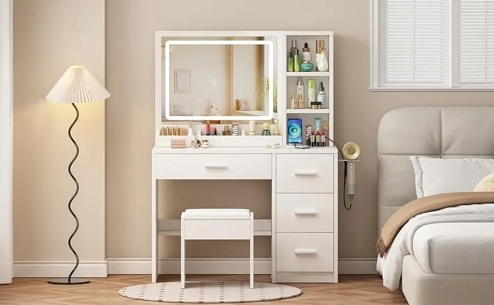 vanity desk with mirror and light