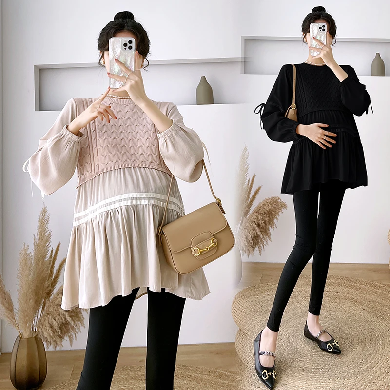 532# Autumn Winter Fashion Patchwork Knitted Maternity Blouses Loose Shirts Clothes for Pregnant Women Cute Pregnancy Tops maternity tops