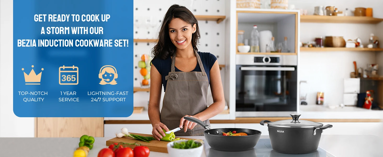 Description Picture 2 of itemInduction Hob Pan Set 10-Piece, Pots and Pans Set Non-Stick, Induction Cookware Set with Anti-Scald Silicone Handles & Lids, Ov