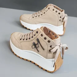 Chic Women's High - Top Denim Canvas Lace - Up Platform Sneakers - 38 (Khaki)