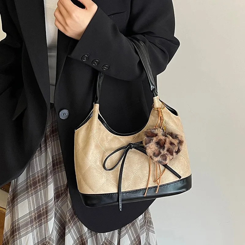 Bow Slouchy Shoulder Bag Solid Color PU Tote Handbag Large Casual Commuter Bag Lightweight for Women Travel Shopping Daily Use