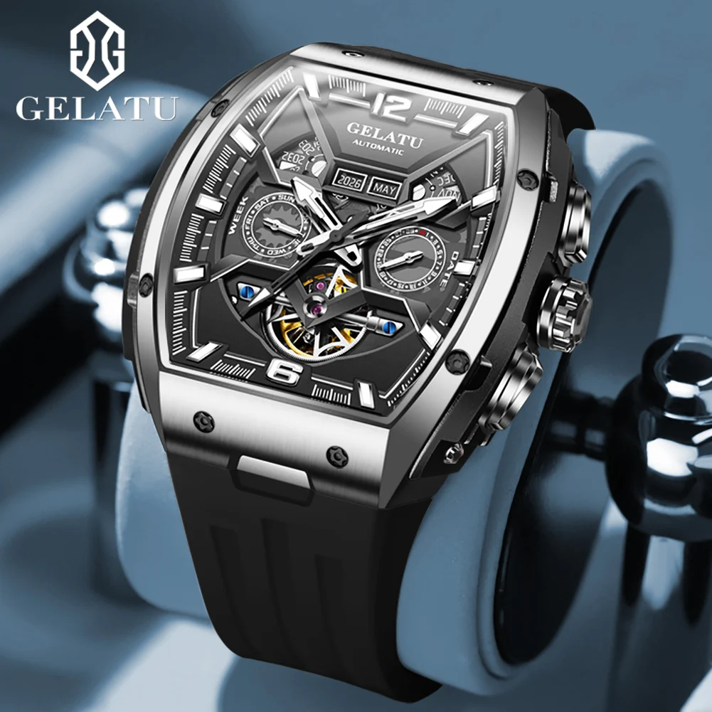 

GELATU Luxury Original Automatic Watch for Men Skeleton Waterproof Sapphire Crystal Silicone Strap Tonneau Mechanical Wristwatch