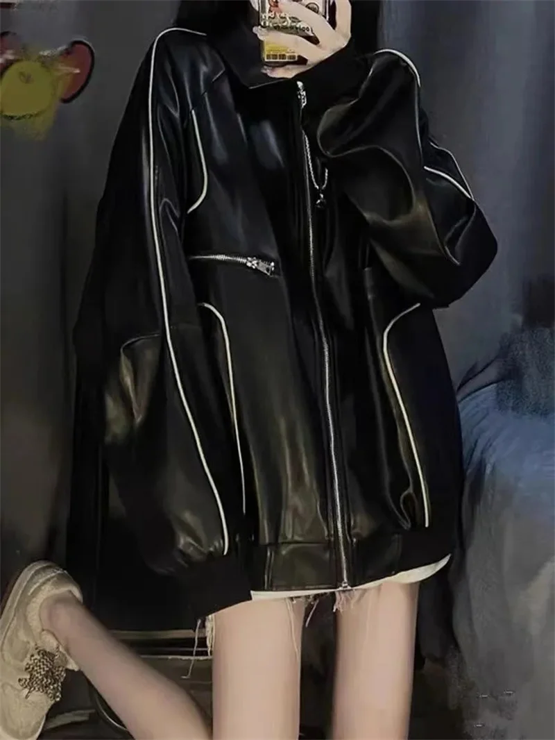 American Retro Lazy Style Motorcycle Leather Coat Women's Autumn Winter New Design Senses Small Crowd PU Leather Jacket Women's