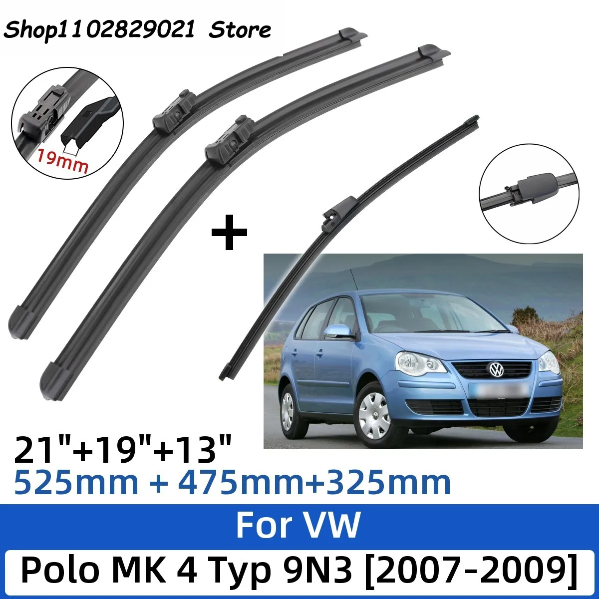 

3PCS For VW Polo MK4 Typ 9N3 2007-2009 21"+19"+13" Front Rear Wiper Blades Windshield Windscreen Window Cutter Accessories 2007