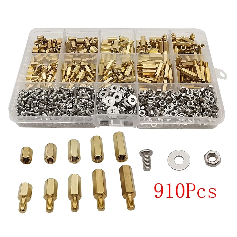 910Pcs/set M3 Male Female Hex Brass Standoff Spacer Assorted Kit Screw Nut and Washer pcb motherboard standoff Assortment Kit