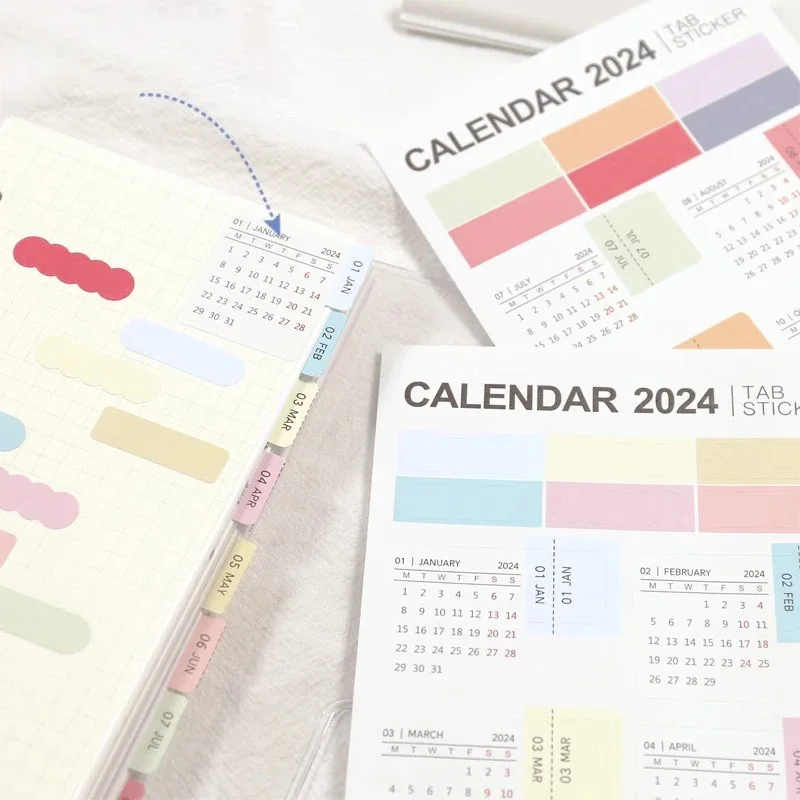 2024 Calendar Stickers Self Adhesive Notebook Planner Index Labels Kawaii Classification Marks Korean Stationery Office Supplies