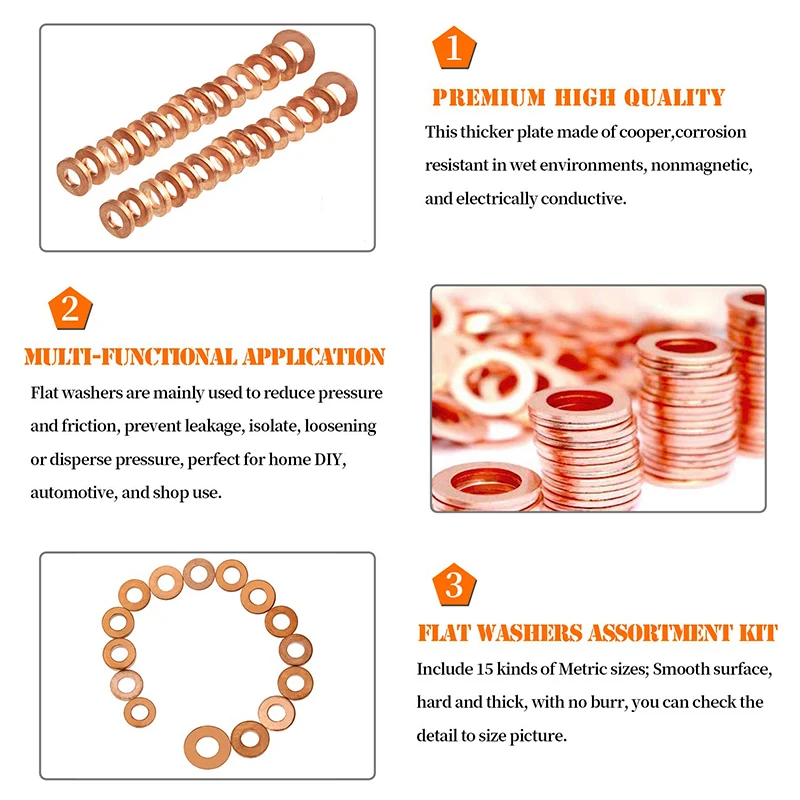 Copper Washer Set Copper Washer Washer Gasket Washer Seal Set Copper Washers M5 M6 M8 M10 M12 M14 M16 Solid Copper Washer Set Shim Flat Ring Gasket Rings Seal Plain Spacer Washers Fastener 10/20/50pcs