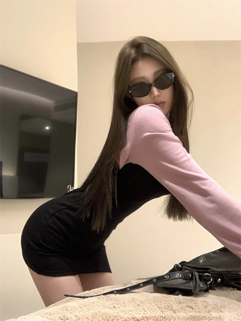 Sexy Patchwork Mini Dresses Women Long Sleeve Bodycon Lace-up Hollow Out Y2K Club Party Dress Korean Fashion Autumn New Vestidos