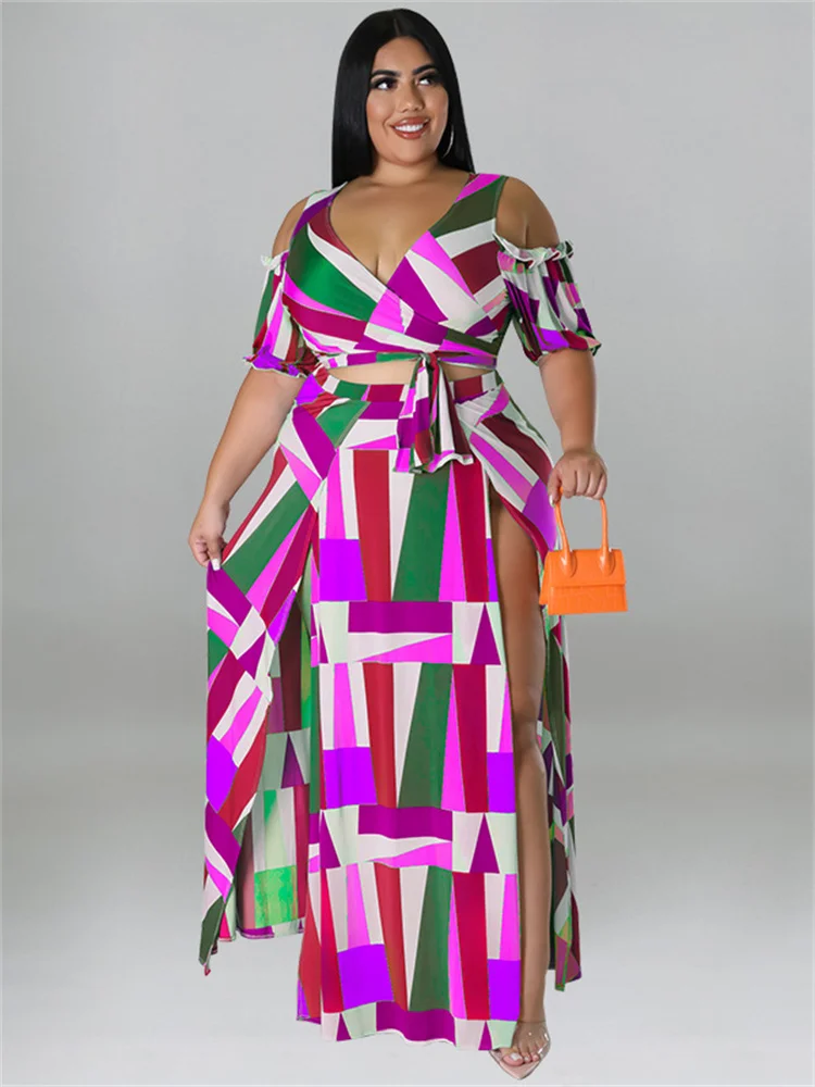 Wmstar Summer Plis Size Dress Sets Two Piece V Neck Printed Crop Top Big Swing Skirts Sexy Suits Slip Hem Wholesale Dropshipping