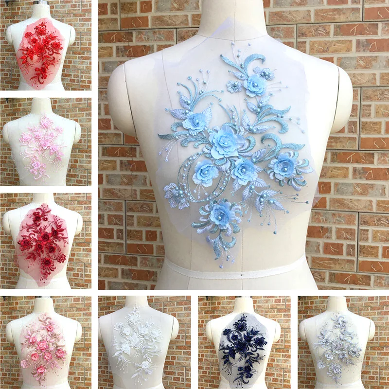 1Pcs 3D Flower Lace Fabric Beads Rhinestone Embroidered Gown Appliques Sew Patches for Wedding Dress Decor DIY Sewing Accessory
