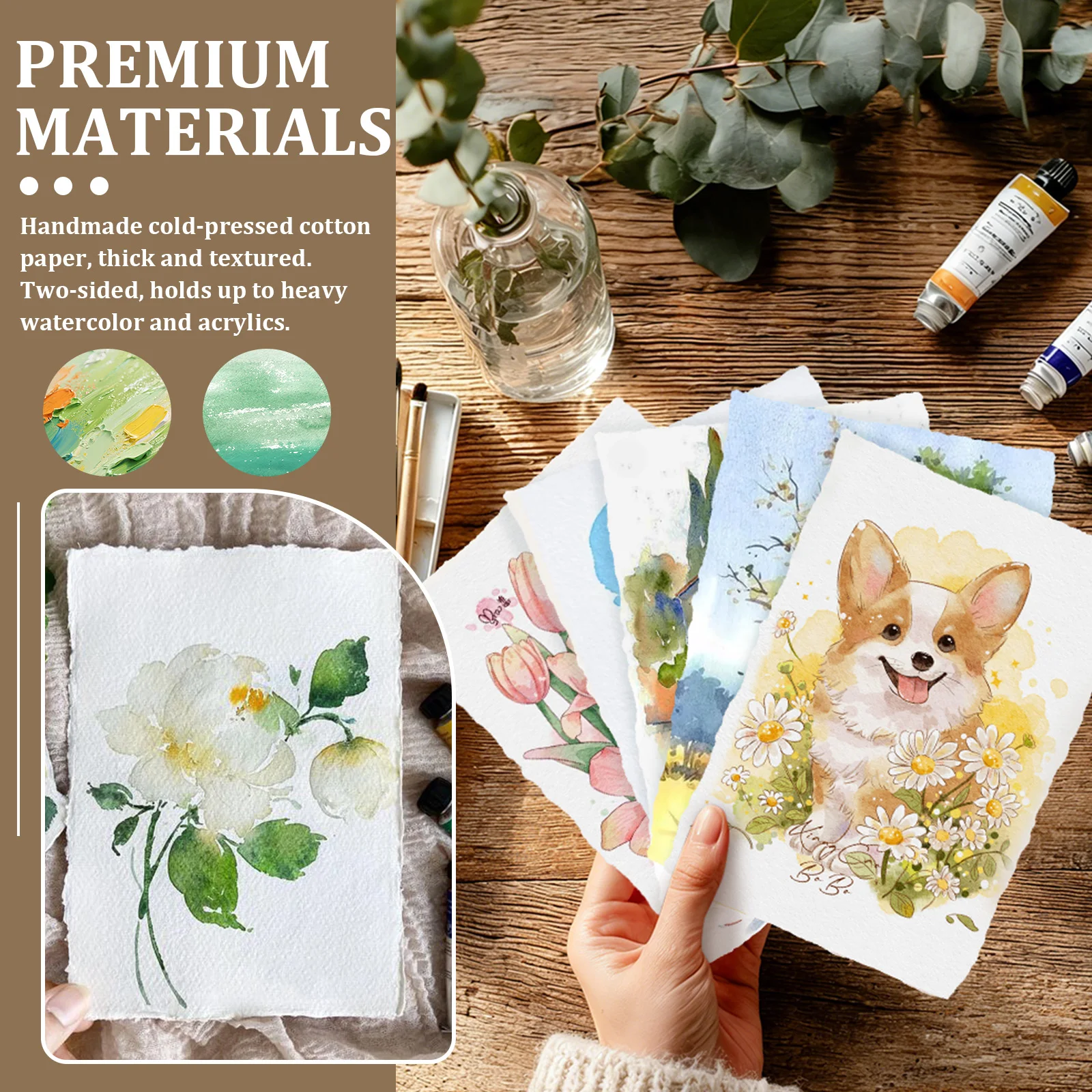 50매 수채화 용지 300gsm 수제 데클 엣지 두꺼운 질감 용지 4 x 6인치/6 x 8인치 수채화용 수제 용지