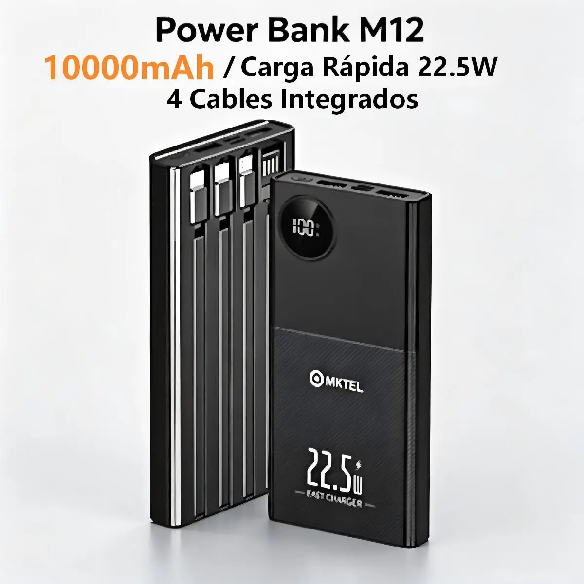 Power Bank MKTEL M12 de 10000mAh, Carga Rápida 22.5W, Pantalla Digital de Energía, 4 Cables Integrados, Portátil y Compacto, Batería Externa para Celulares
