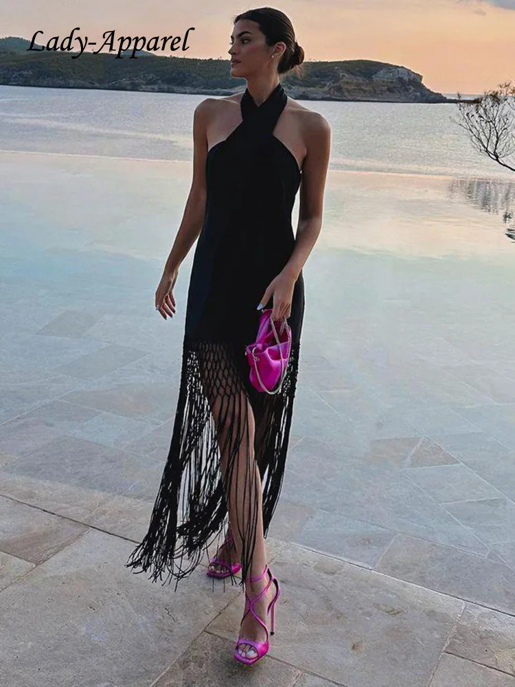 

Y2K Women Summer Fashion Fringed Black Dress Night Club Prom Fashion Gown Female Sexy Backless Tassel Dresses Vestidos Mujer