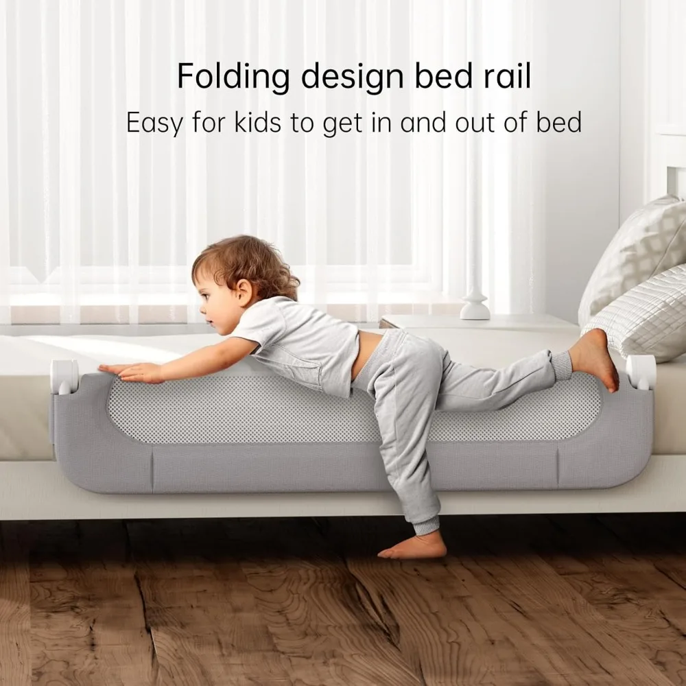 Foldable Toddler Bed Rail Guard with Safety Lock Fits Twin to King Beds Easy Installation Grey