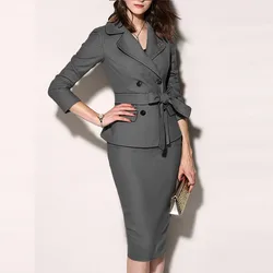 Women Long Sleeve Lapel Jecket 2 Piece Set Autumn Spring Female Office Lady Lace Up Formal Suit Matching Sets Blazer And Skirts